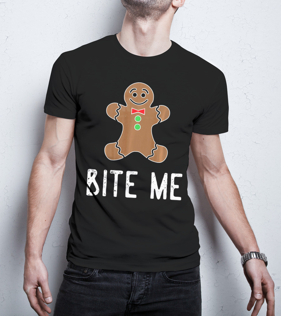 Bite Me Gingerbread Cookie Red Bow Tie Green Buttons T-Shirt