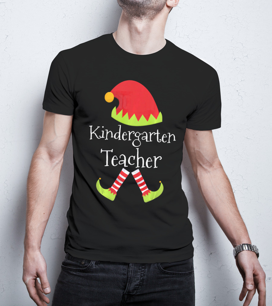 Kindergarten Teacher Christmas Elf Hat And Shoes Matching T-Shirt