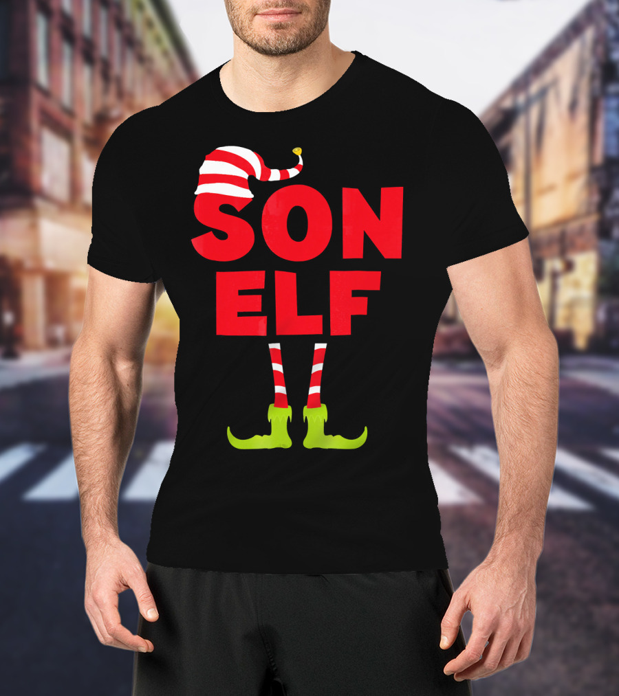 Son Elf Matching Christmas Costume Striped Hat And Socks T-Shirt