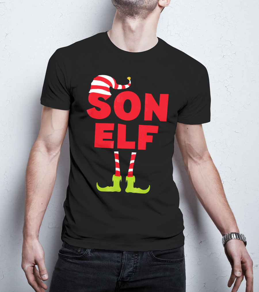 Son Elf Matching Christmas Costume Striped Hat And Socks T-Shirt