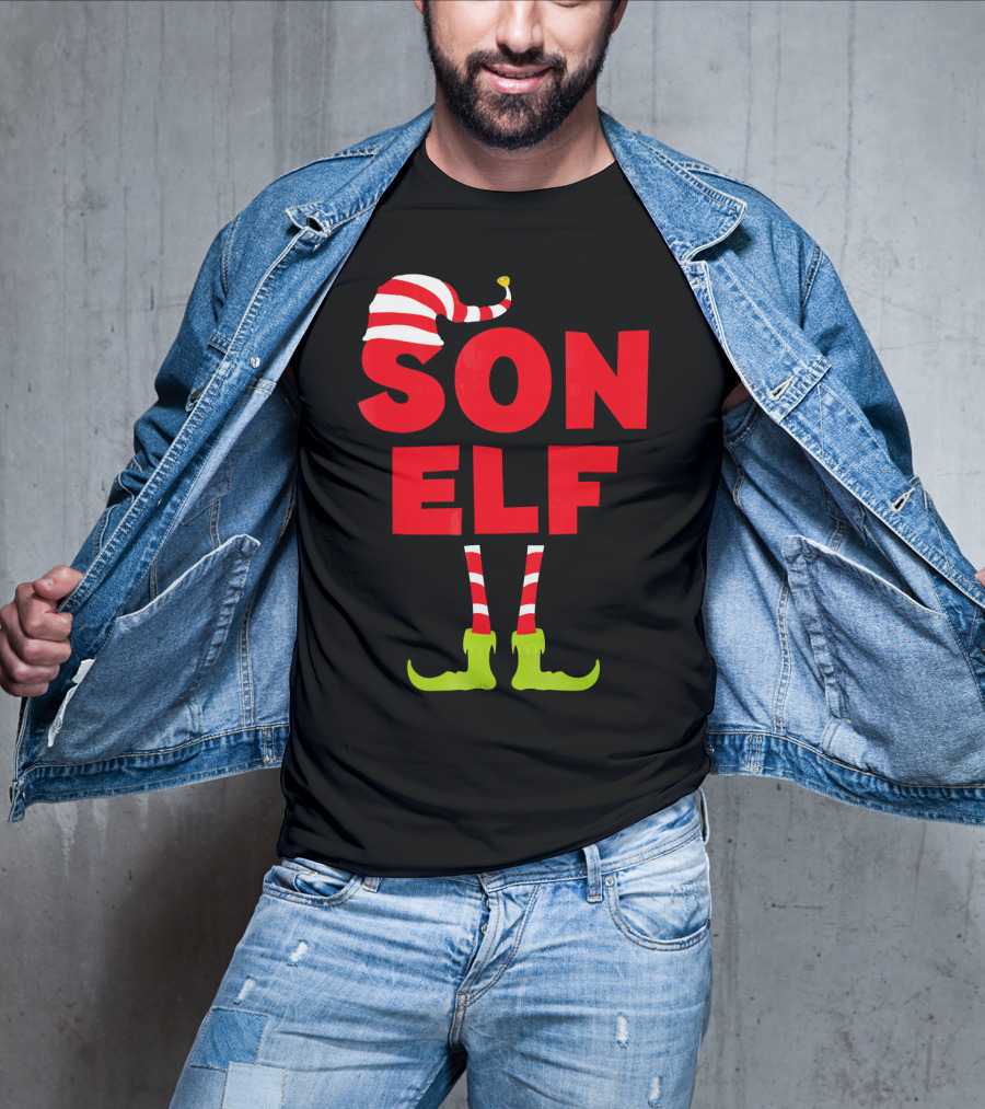 Son Elf Matching Christmas Costume Striped Hat And Socks T-Shirt