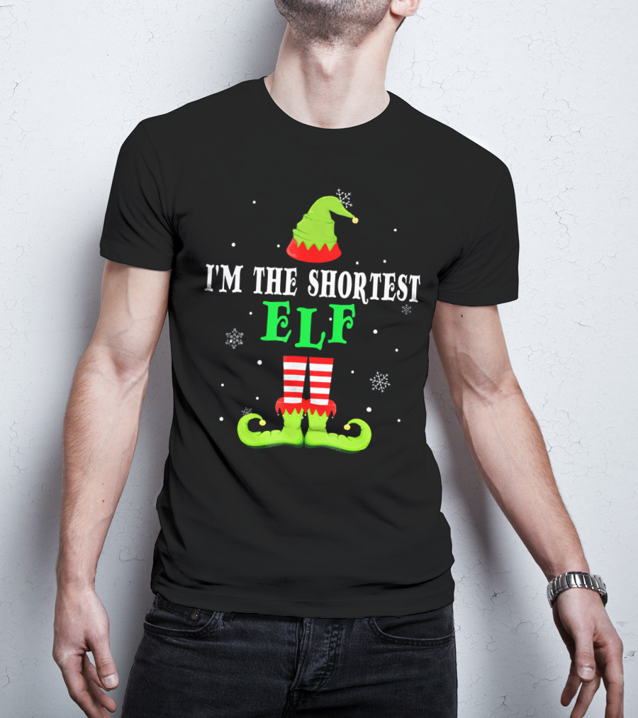 I'm The Shortest Elf Festive Holiday Design Snowflakes Green Hat Red Striped Legs T-Shirt