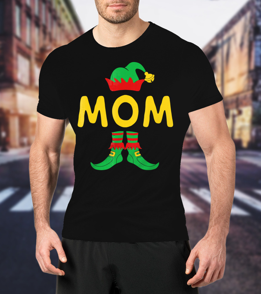 Mom Elf Funny Christmas Family Mat Festive Green And Red T-Shirt
