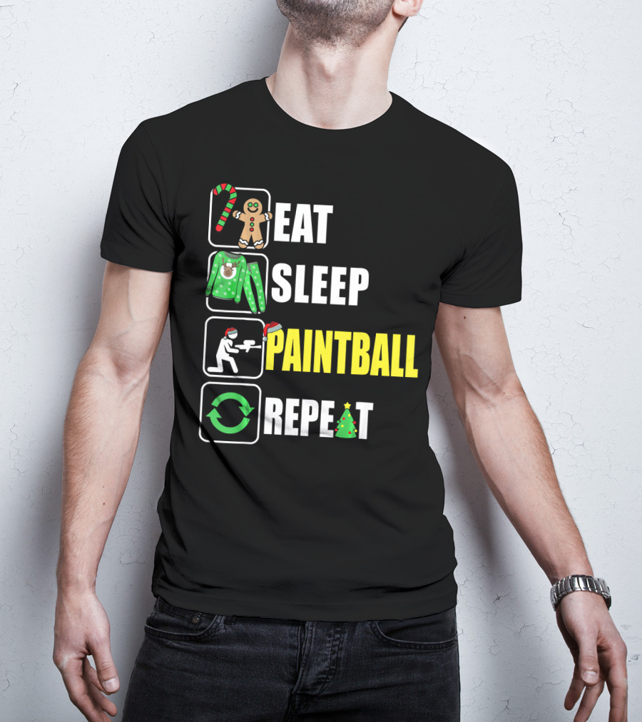 Eat Sleep Paintball Repeat Christmas Candy Cane Gingerbread Ugly Sweater Santa Hat Tree T-Shirt