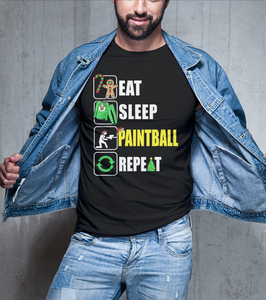Eat Sleep Paintball Repeat Christmas Candy Cane Gingerbread Ugly Sweater Santa Hat Tree T-Shirt