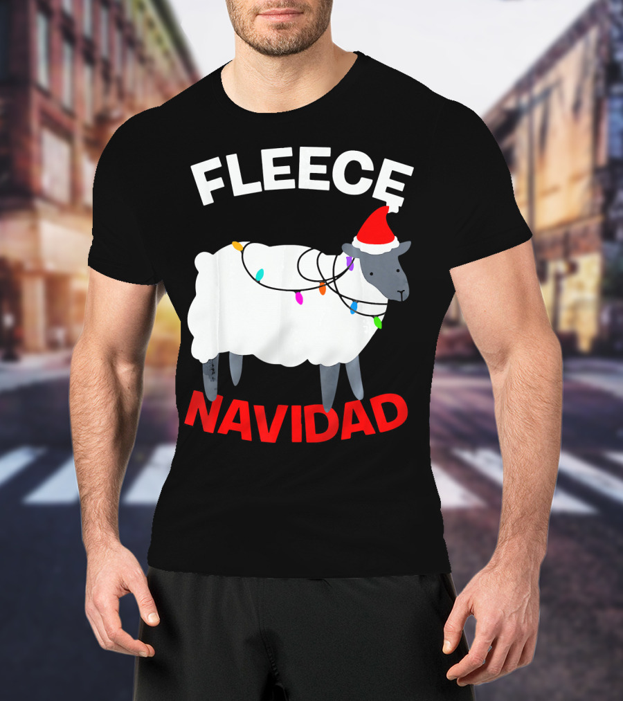 Fleece Navidad Funny Christmas Sheep Santa Hat Lights T-Shirt