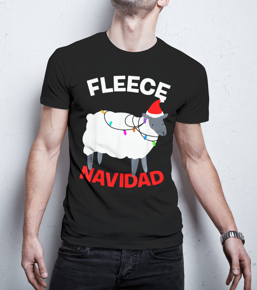 Fleece Navidad Funny Christmas Sheep Santa Hat Lights T-Shirt