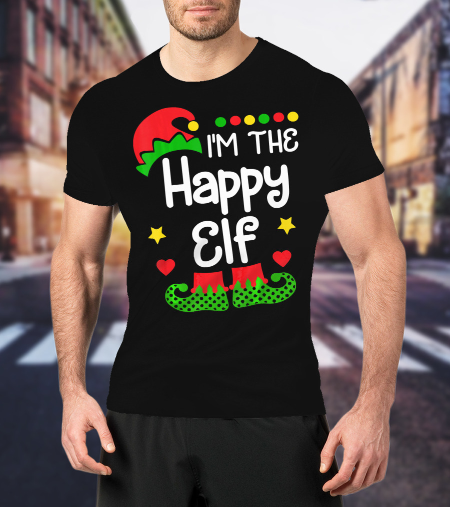 I'm The Happy Elf Christmas Hat Stars Hearts Dots T-Shirt