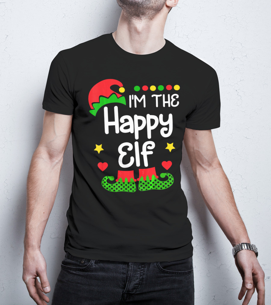 I'm The Happy Elf Christmas Hat Stars Hearts Dots T-Shirt