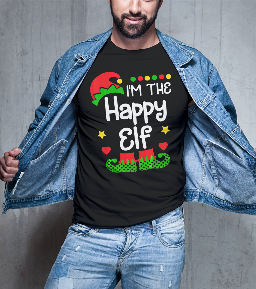I'm The Happy Elf Christmas Hat Stars Hearts Dots T-Shirt