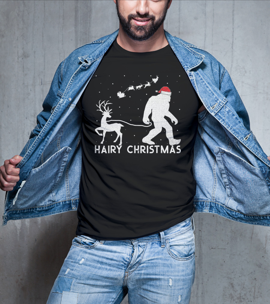 Hairy Christmas Bigfoot Santa Reindeer Snow Scene T-Shirt