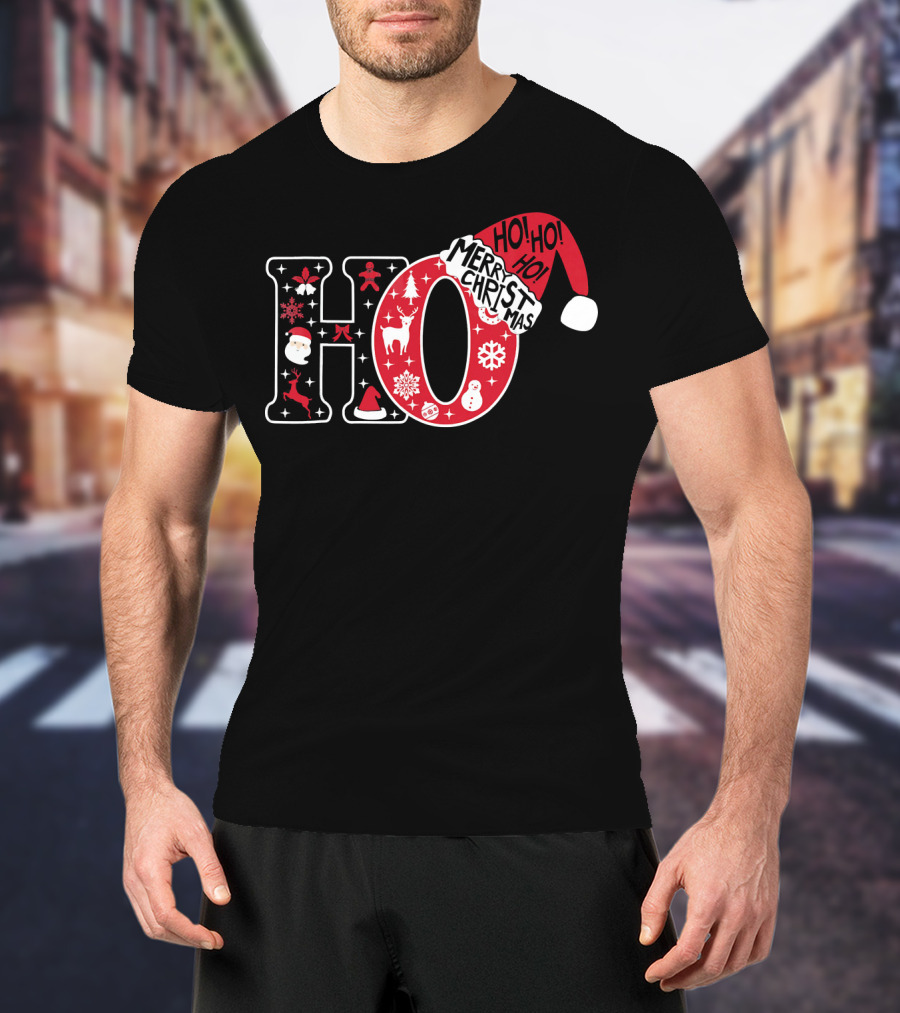 HO HO HO Merry Christmas Santa Hat Snowflakes T-Shirt