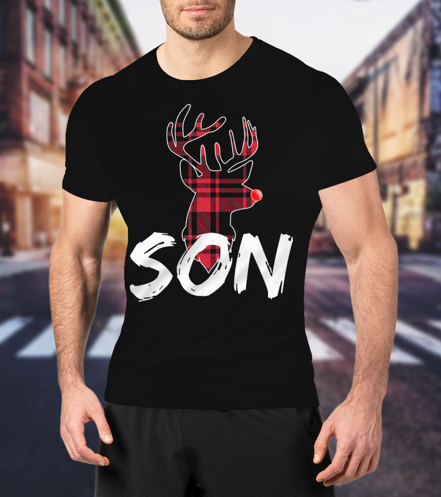 Son Family Matching Christmas Red Plaid Reindeer T-Shirt