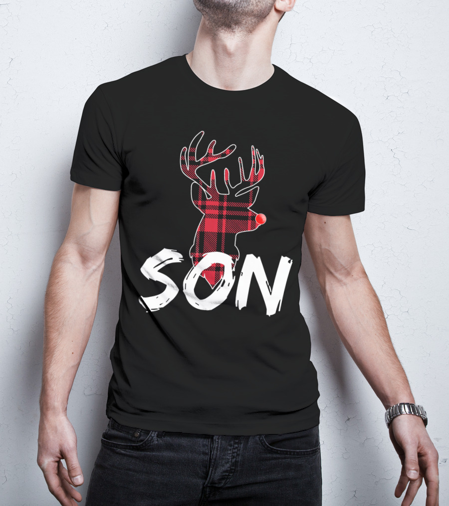 Son Family Matching Christmas Red Plaid Reindeer T-Shirt