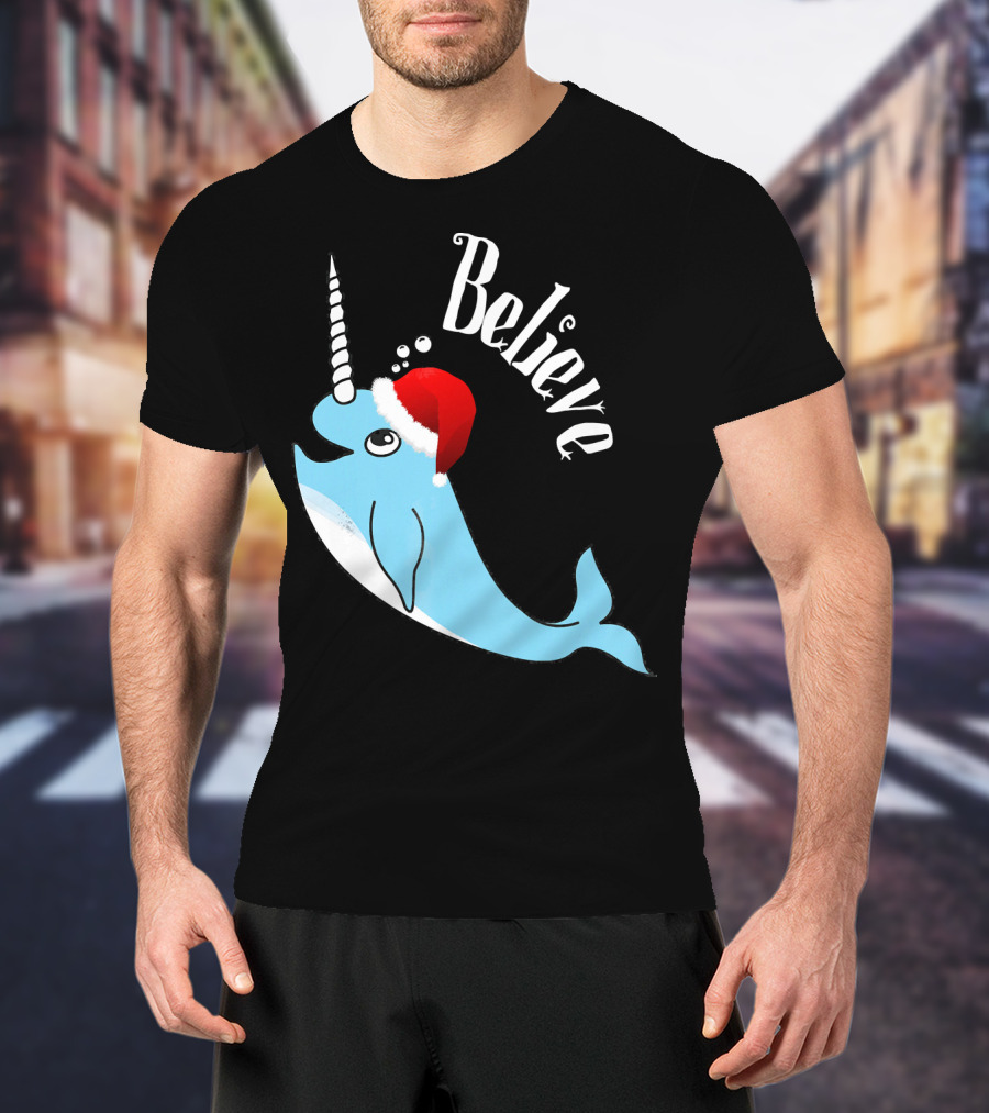 Believe Narwhal Christmas Cute Unicorn Santa Hat T-Shirt