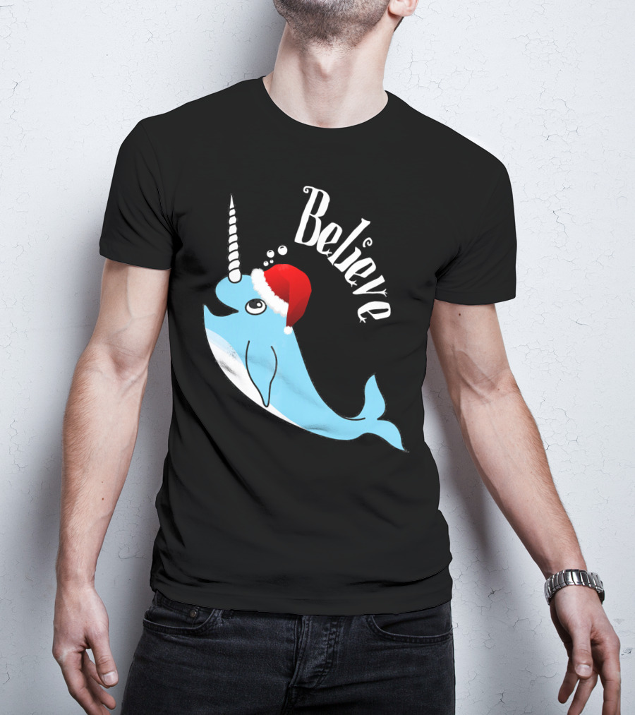 Believe Narwhal Christmas Cute Unicorn Santa Hat T-Shirt