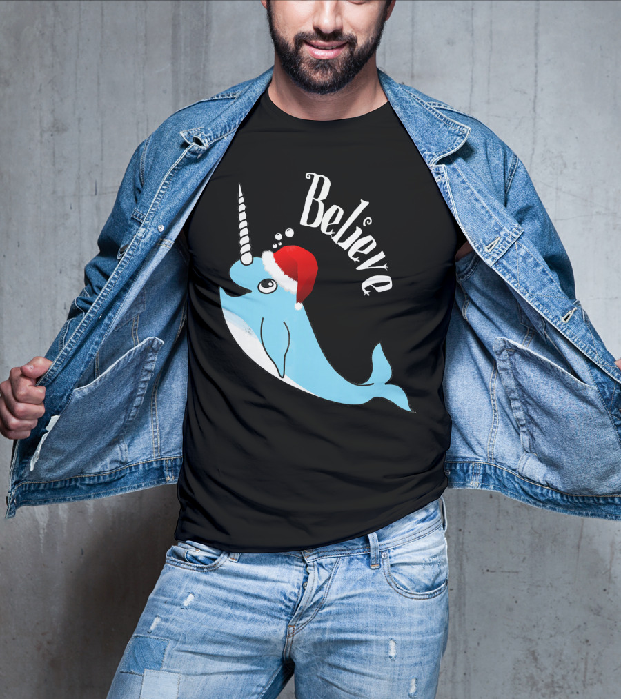 Believe Narwhal Christmas Cute Unicorn Santa Hat T-Shirt