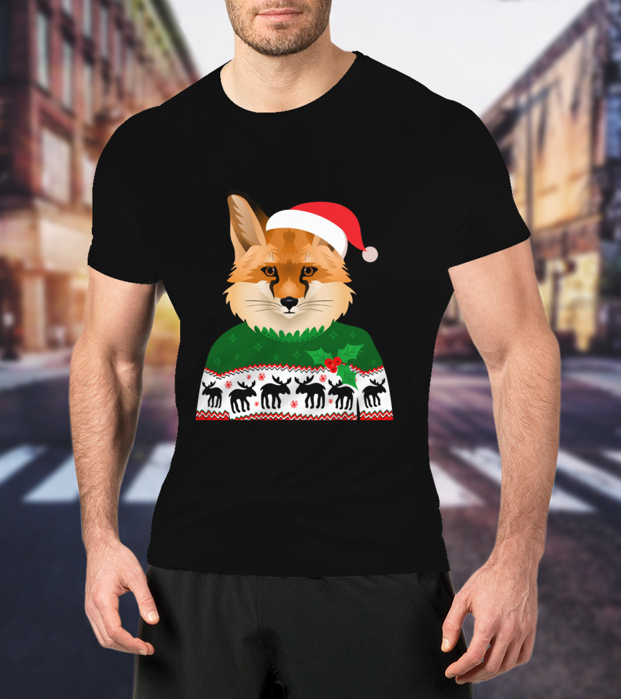 Long Sleeve Fox Ugly Christmas Sweater Santa Hat T-Shirt