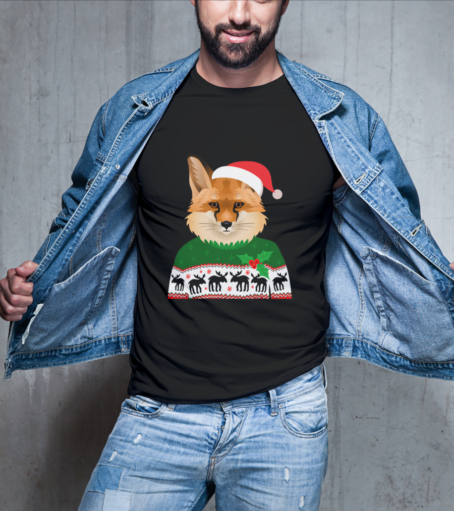 Long Sleeve Fox Ugly Christmas Sweater Santa Hat T-Shirt