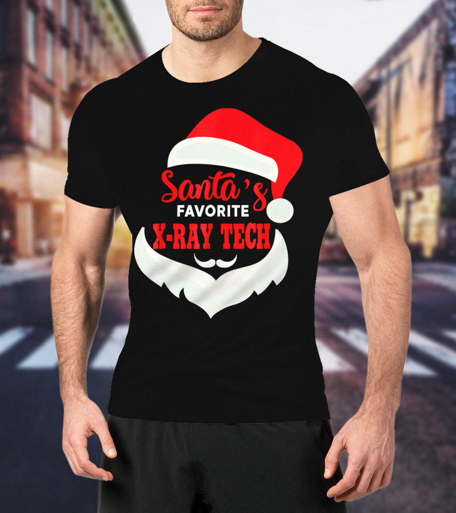 Santa's Favorite X-Ray Tech Christmas Santa Hat And Beard T-Shirt