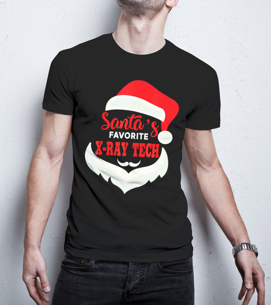 Santa's Favorite X-Ray Tech Christmas Santa Hat And Beard T-Shirt
