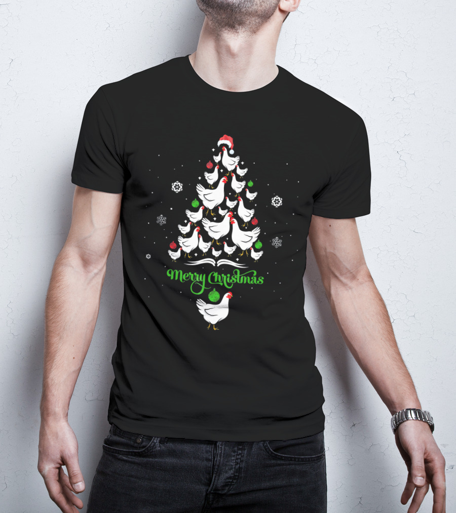 Merry Chickmas Chicken Lover Christmas Tree With Santa Hat And Ornaments T-Shirt