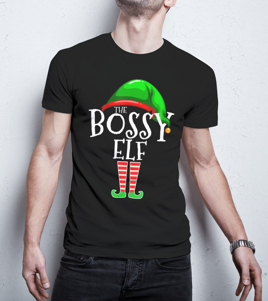 The Bossy Elf Green Hat Red Striped Legs T-Shirt