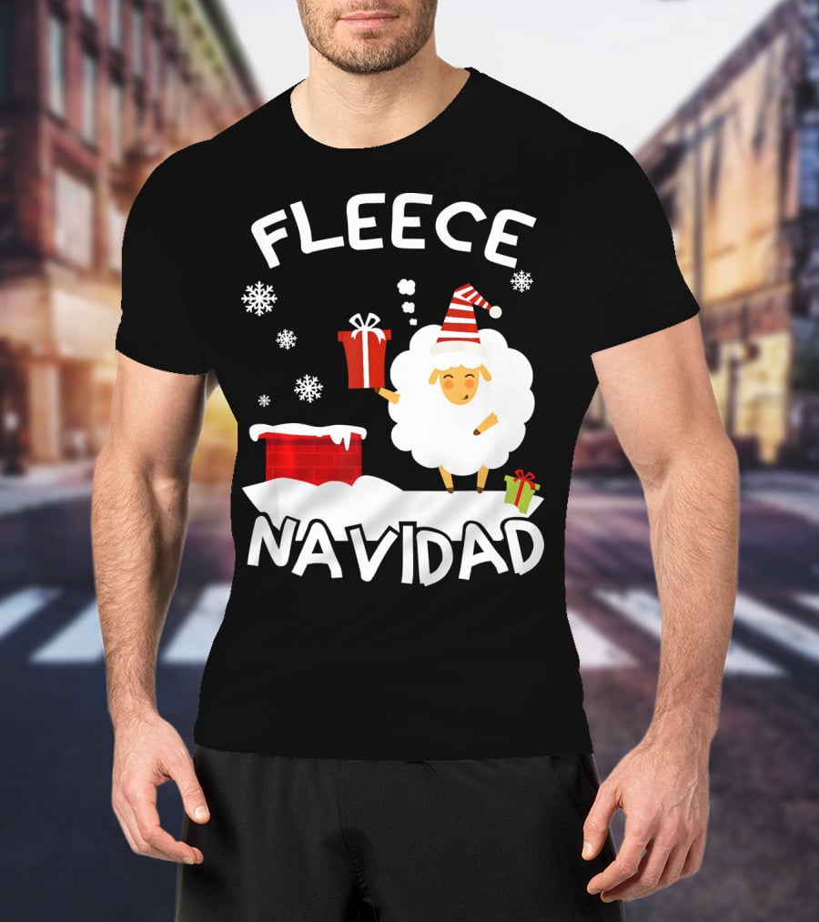Fleece Navidad Sheep With Santa Hat And Gift Chimney Snowflakes T-Shirt