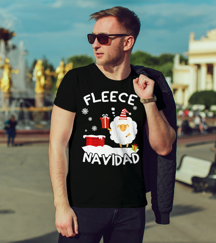Fleece Navidad Sheep With Santa Hat And Gift Chimney Snowflakes T-Shirt