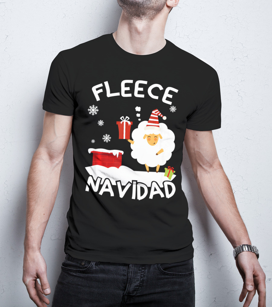 Fleece Navidad Sheep With Santa Hat And Gift Chimney Snowflakes T-Shirt
