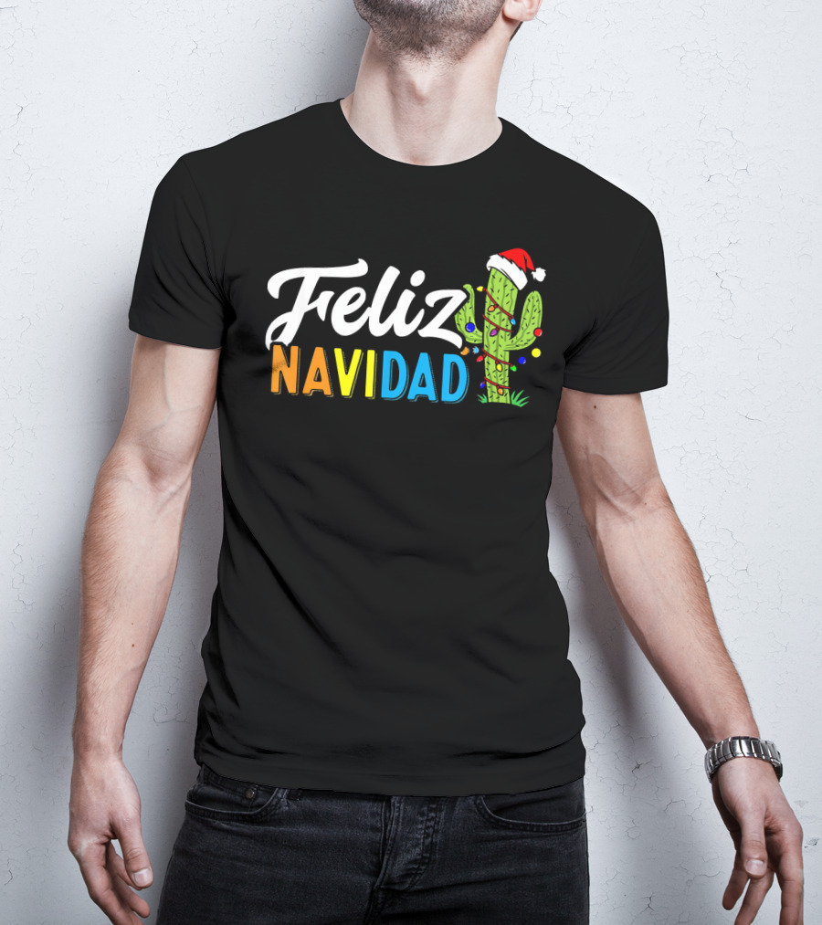 Feliz Navidad Cactus Santa Hat Christmas Lights T-Shirt
