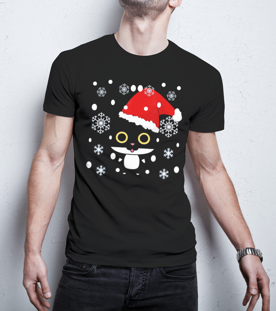 Cute Kawaii Cat With Santa Hat And Snowflakes Christmas T-Shirt