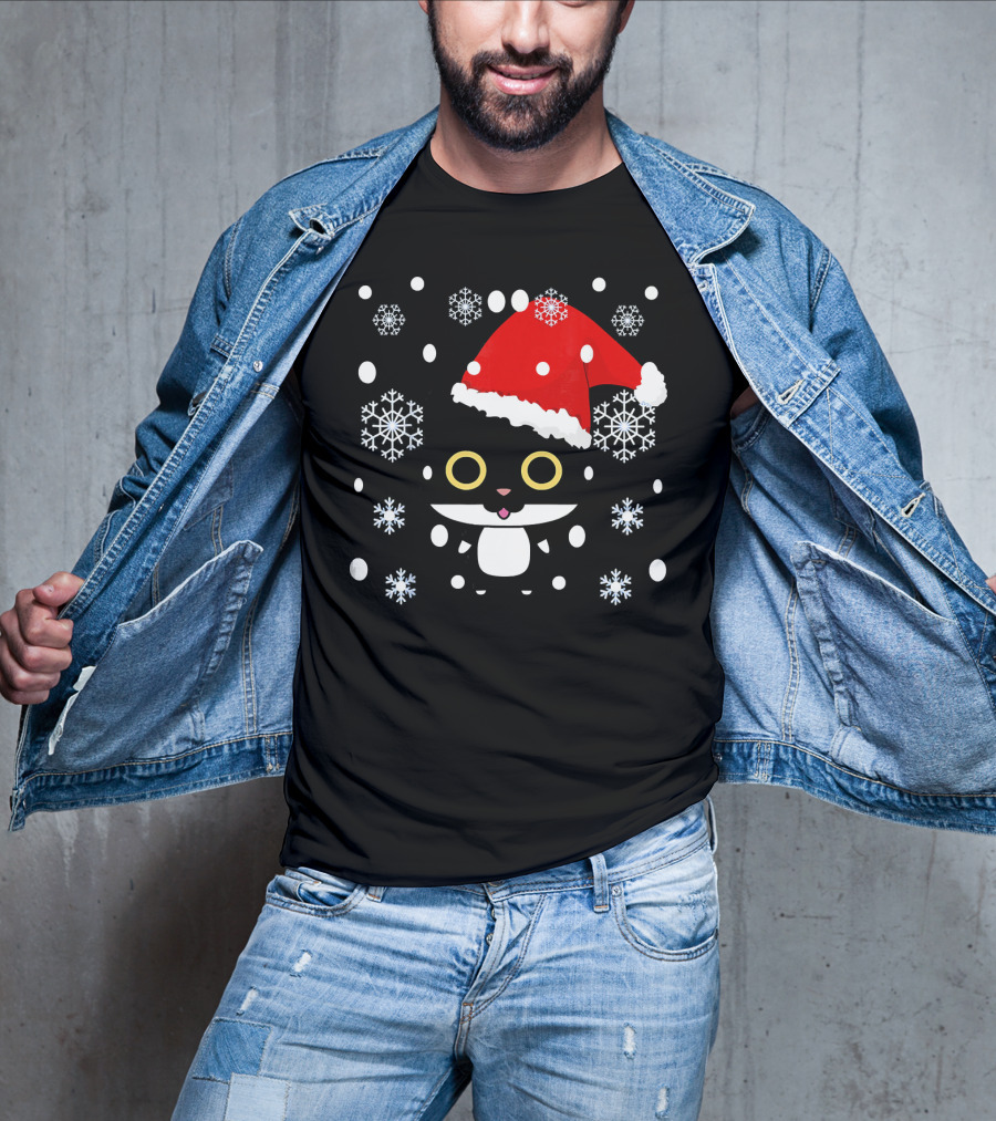 Cute Kawaii Cat With Santa Hat And Snowflakes Christmas T-Shirt