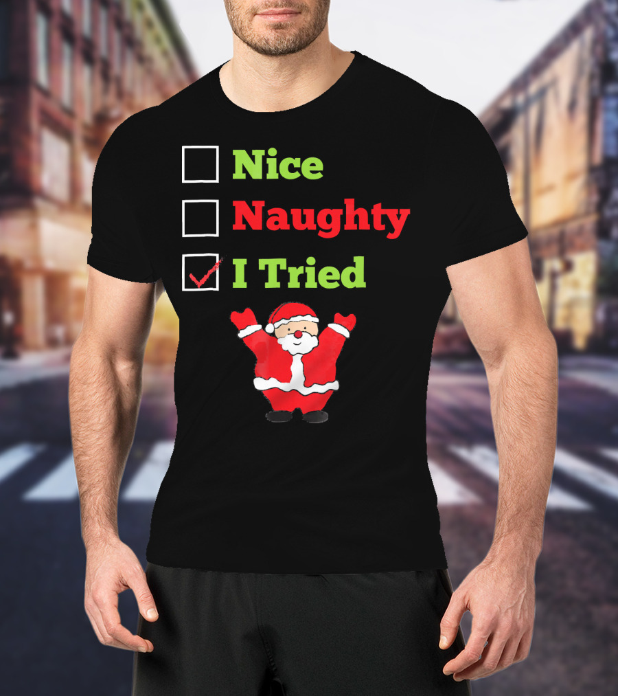 Nice Naughty I Tried Santa Checklist Funny Christmas T-Shirt