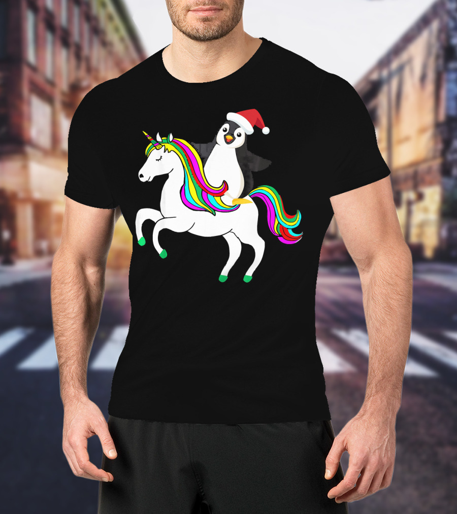 Penguin In Santa Hat Riding A Rainbow Unicorn T-Shirt