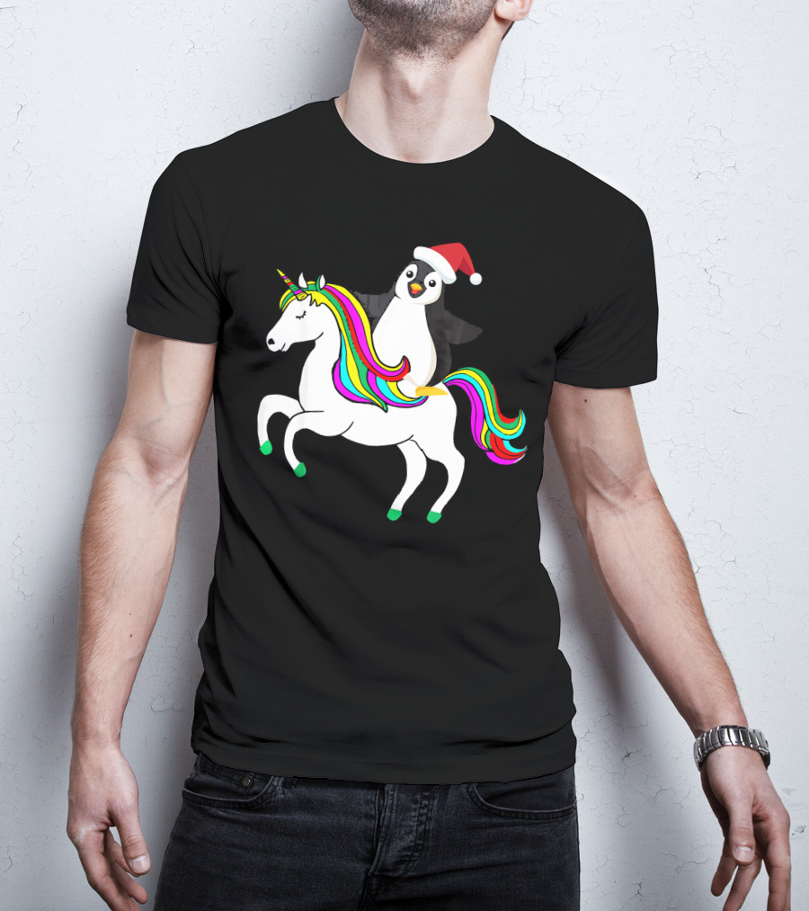 Penguin In Santa Hat Riding A Rainbow Unicorn T-Shirt