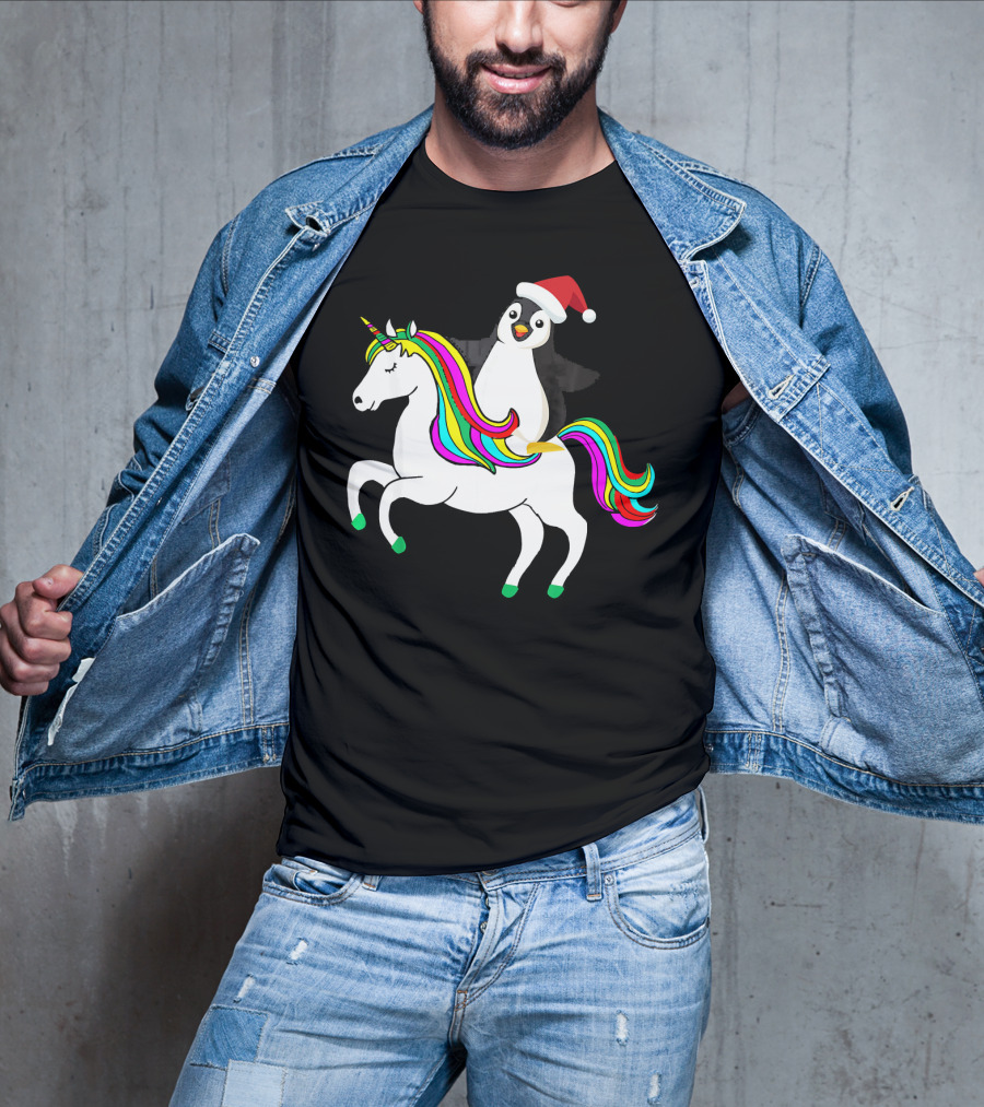 Penguin In Santa Hat Riding A Rainbow Unicorn T-Shirt