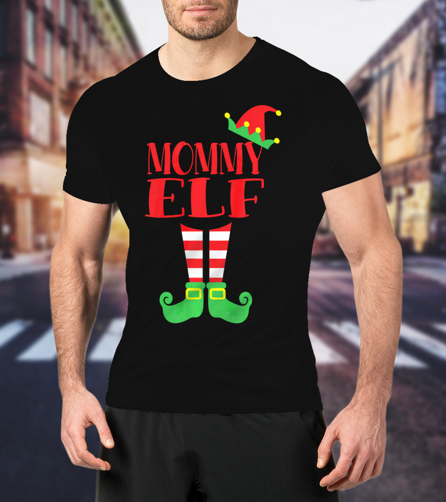 Mommy ELF Christmas Hat And Striped Socks Festive Season T-Shirt
