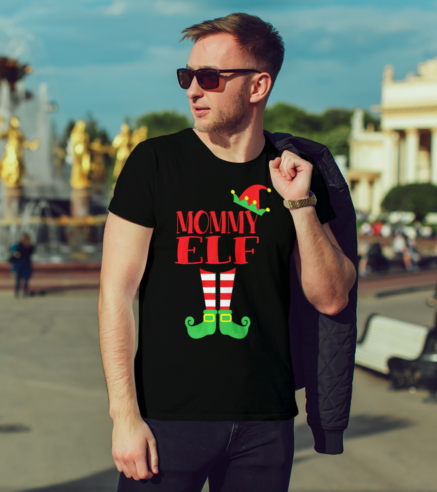 Mommy ELF Christmas Hat And Striped Socks Festive Season T-Shirt