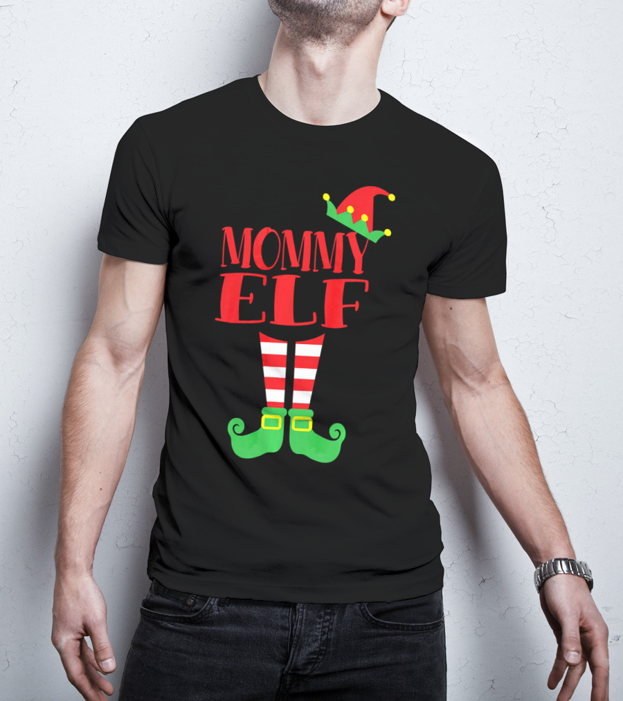 Mommy ELF Christmas Hat And Striped Socks Festive Season T-Shirt