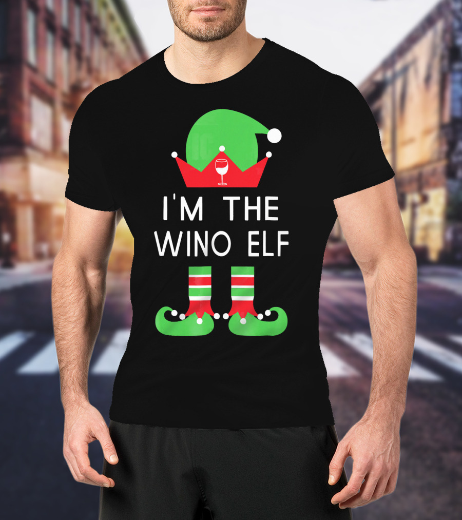 I'm The Wino Elf Funny Christmas Wine Green Red Hat And Striped Socks T-Shirt