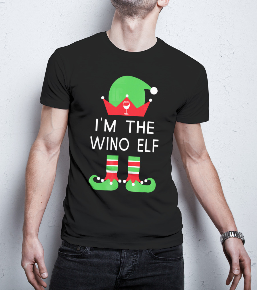 I'm The Wino Elf Funny Christmas Wine Green Red Hat And Striped Socks T-Shirt