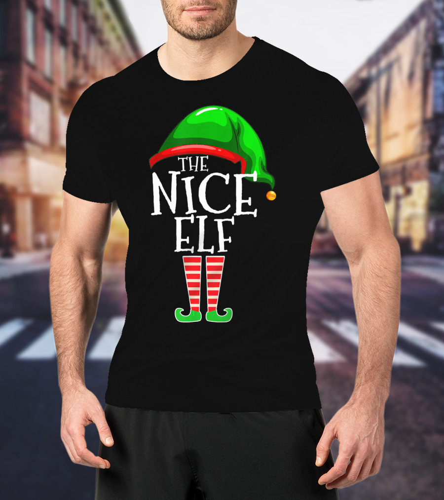 The Nice Elf Group Matching Family Christmas Hat And Striped Leg T-Shirt