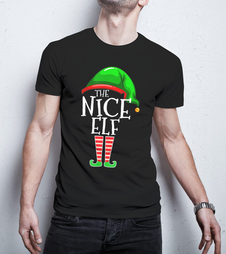 The Nice Elf Group Matching Family Christmas Hat And Striped Leg T-Shirt