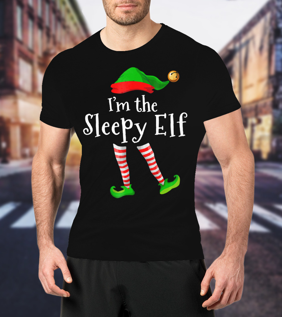 I'm The Sleepy Elf Green Hat Striped Stockings Jingle Bell T-Shirt