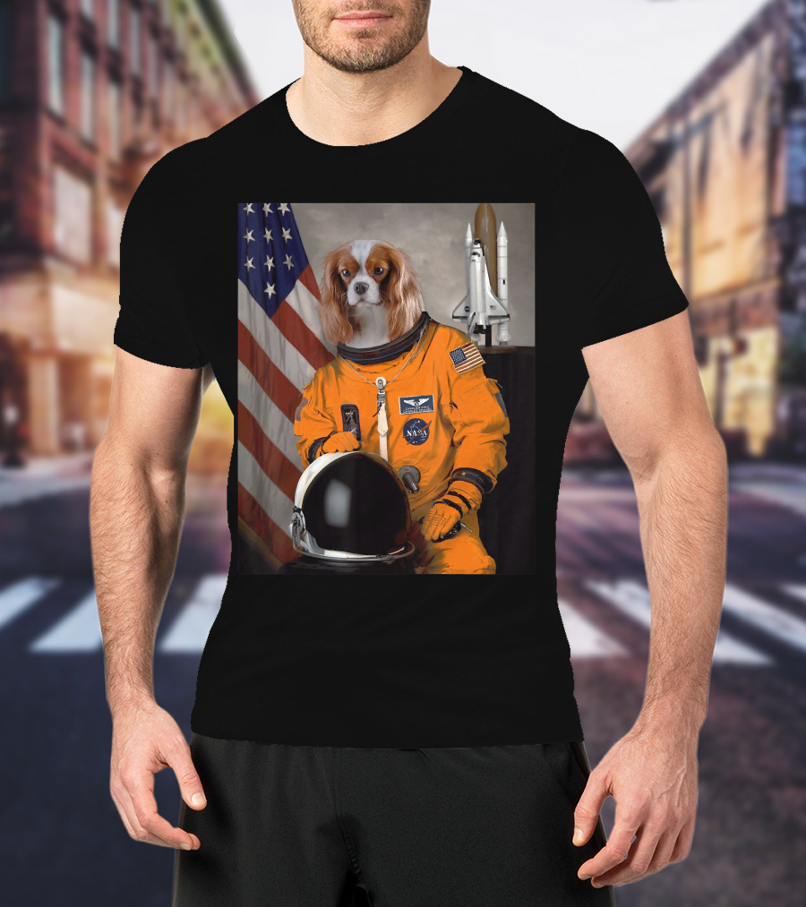 Cavalier King Charles Spaniel NASA Astronaut With American Flag And Space Shuttle T-Shirt