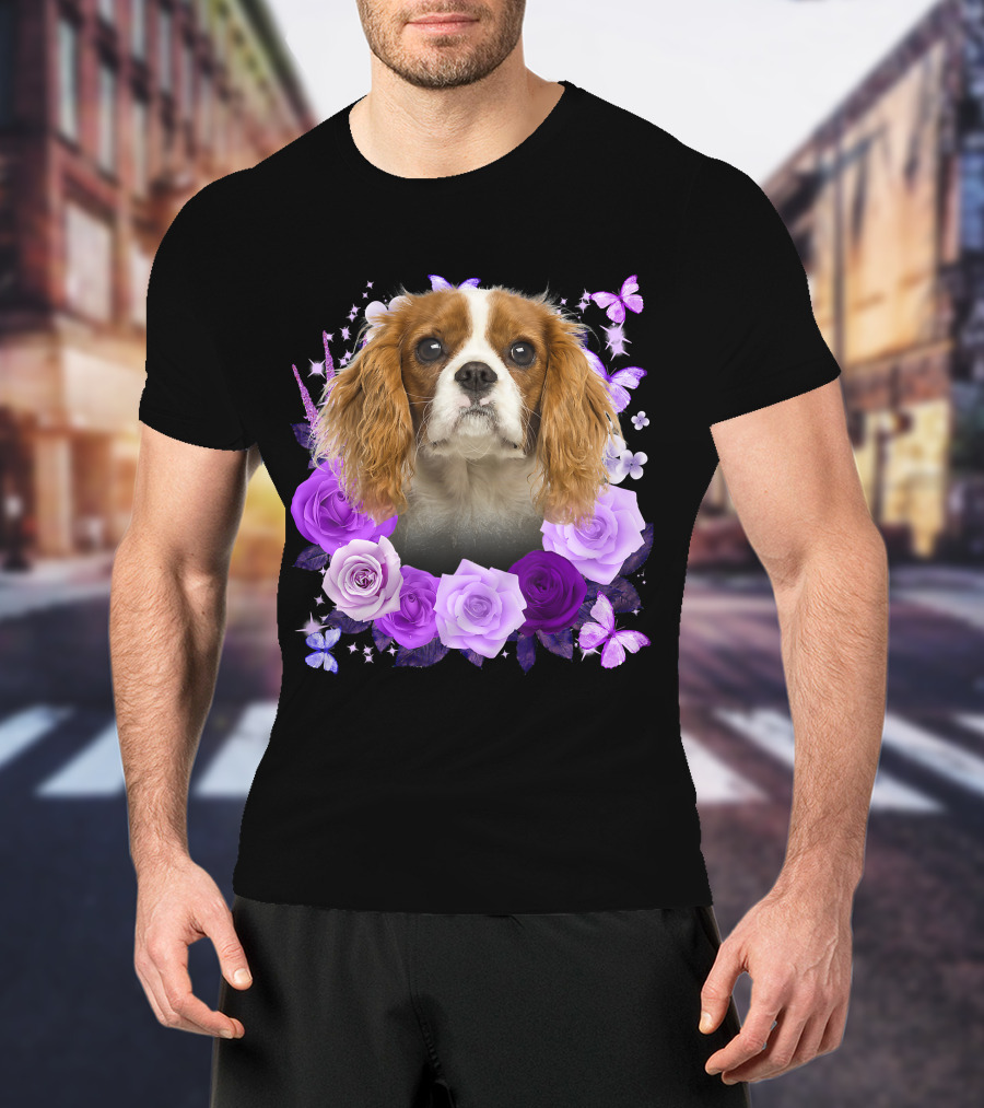 Purple Bloom With Flowers And Butterflies Featuring Cavalier King Charles Spaniel Floral Arrangement T-Shirt
