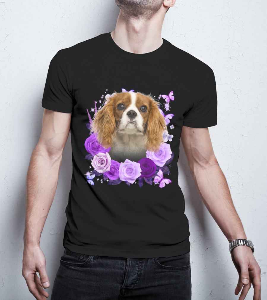 Purple Bloom With Flowers And Butterflies Featuring Cavalier King Charles Spaniel Floral Arrangement T-Shirt