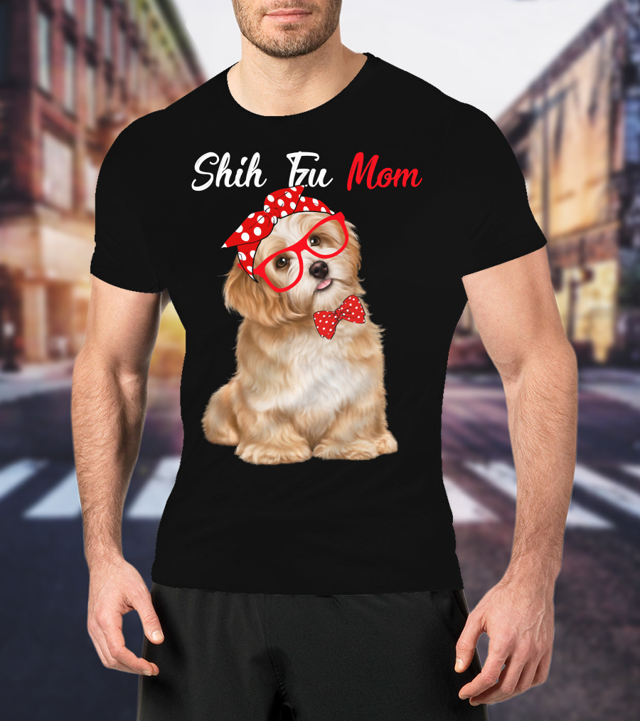 Shih Tzu Mom Red Glasses And Polka Dot Bow Accessories T-Shirt