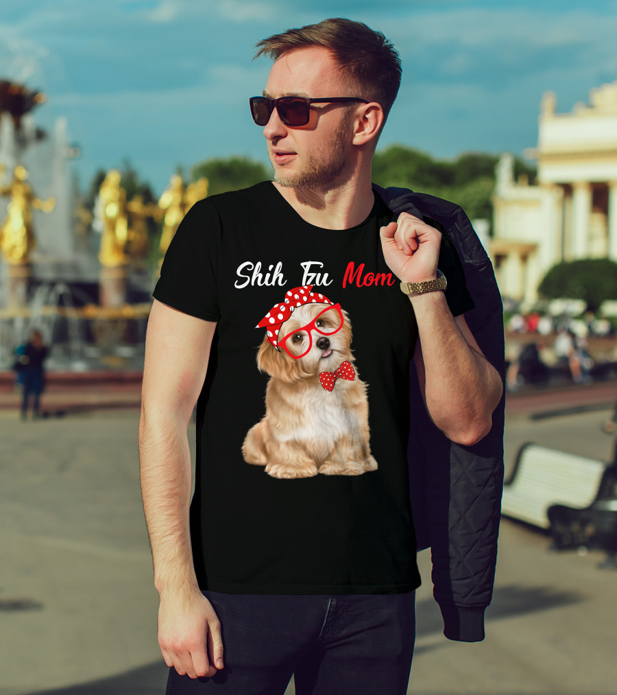 Shih Tzu Mom Red Glasses And Polka Dot Bow Accessories T-Shirt